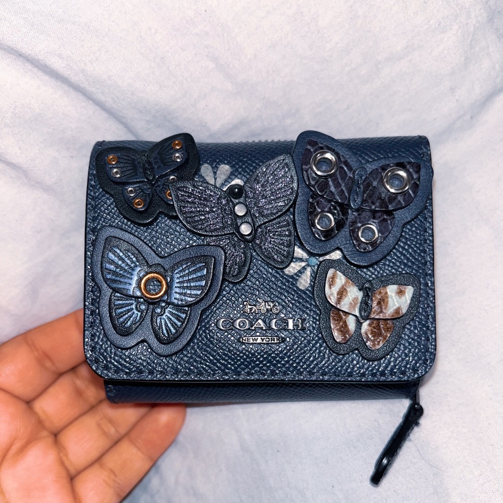 Coach Navy Blue Butterfly Embellished Wallet